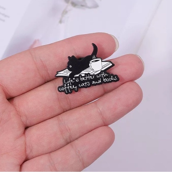 1 LEFT‼️ Black Cat Coffee Book Life Enamel Pin Black Cat Mom Reading Gift Brooch - Picture 3 of 5